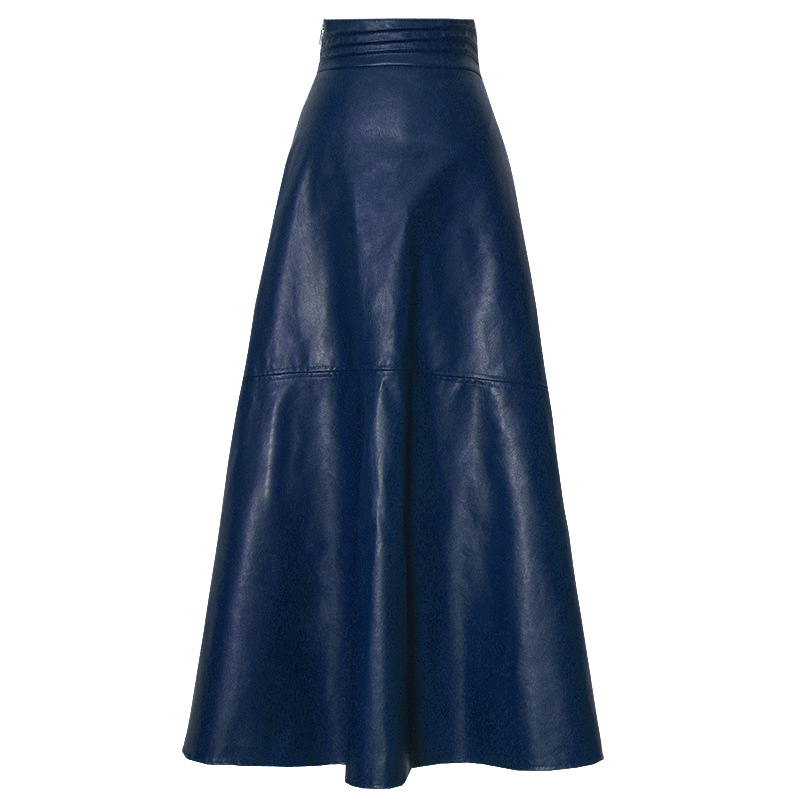 Retro High-Waist Leather Midi Skirt – A-Line Faux Leather Skirt