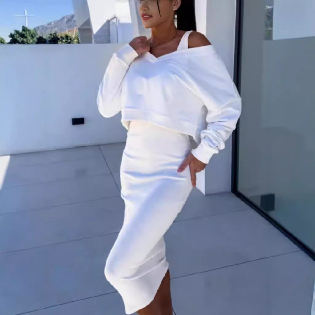 Women's 2-Piece Sweatshirt & Midi Dress Set – Long Sleeve V-Neck Top + Sleeveless Dress