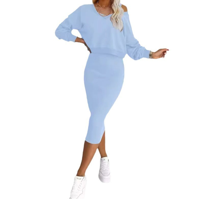 Women's 2-Piece Sweatshirt & Midi Dress Set – Long Sleeve V-Neck Top + Sleeveless Dress
