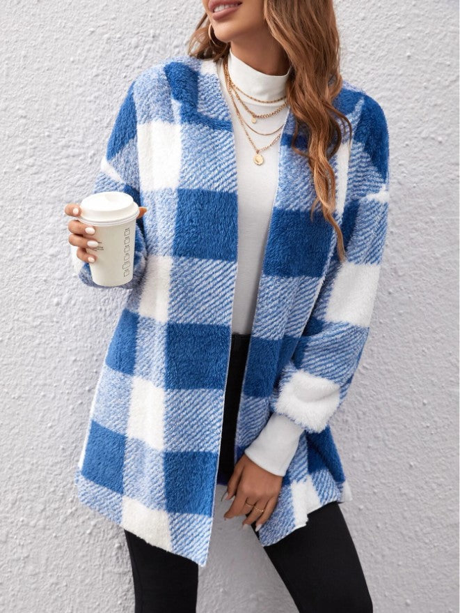 Women's Plaid Color-Stitch Knit Coat – Loose Long Sleeve Cardigan