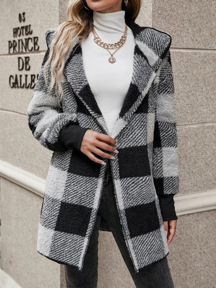 Women's Plaid Color-Stitch Knit Coat – Loose Long Sleeve Cardigan