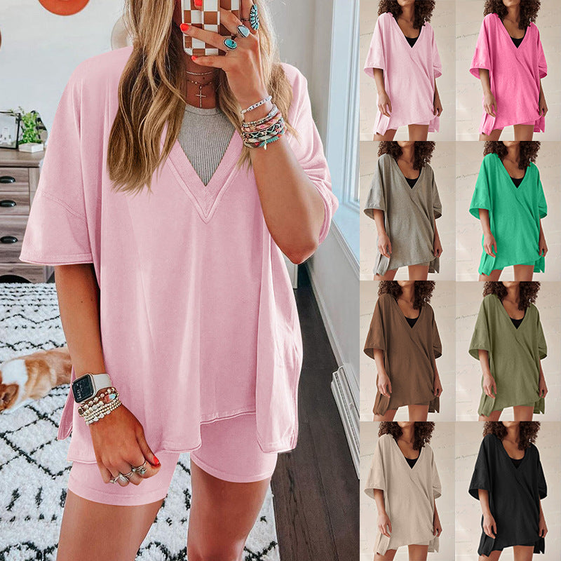 Women's Cotton Short Sleeve Top & Shorts Set – Casual Street Style 2-Piece