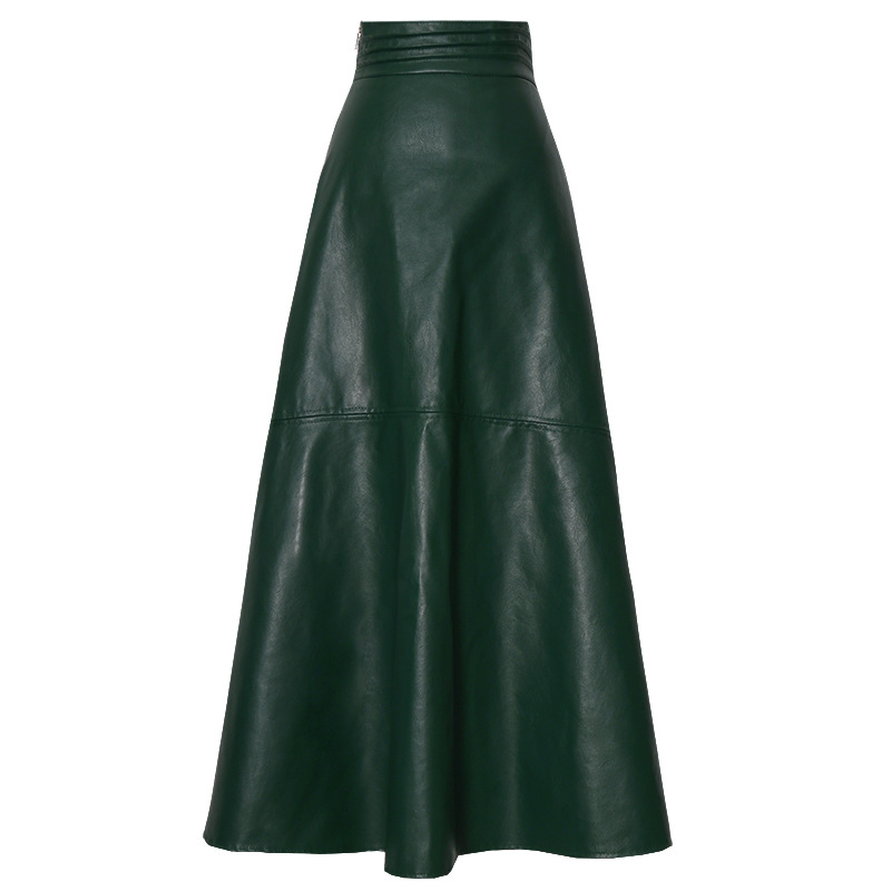 Retro High-Waist Leather Midi Skirt – A-Line Faux Leather Skirt