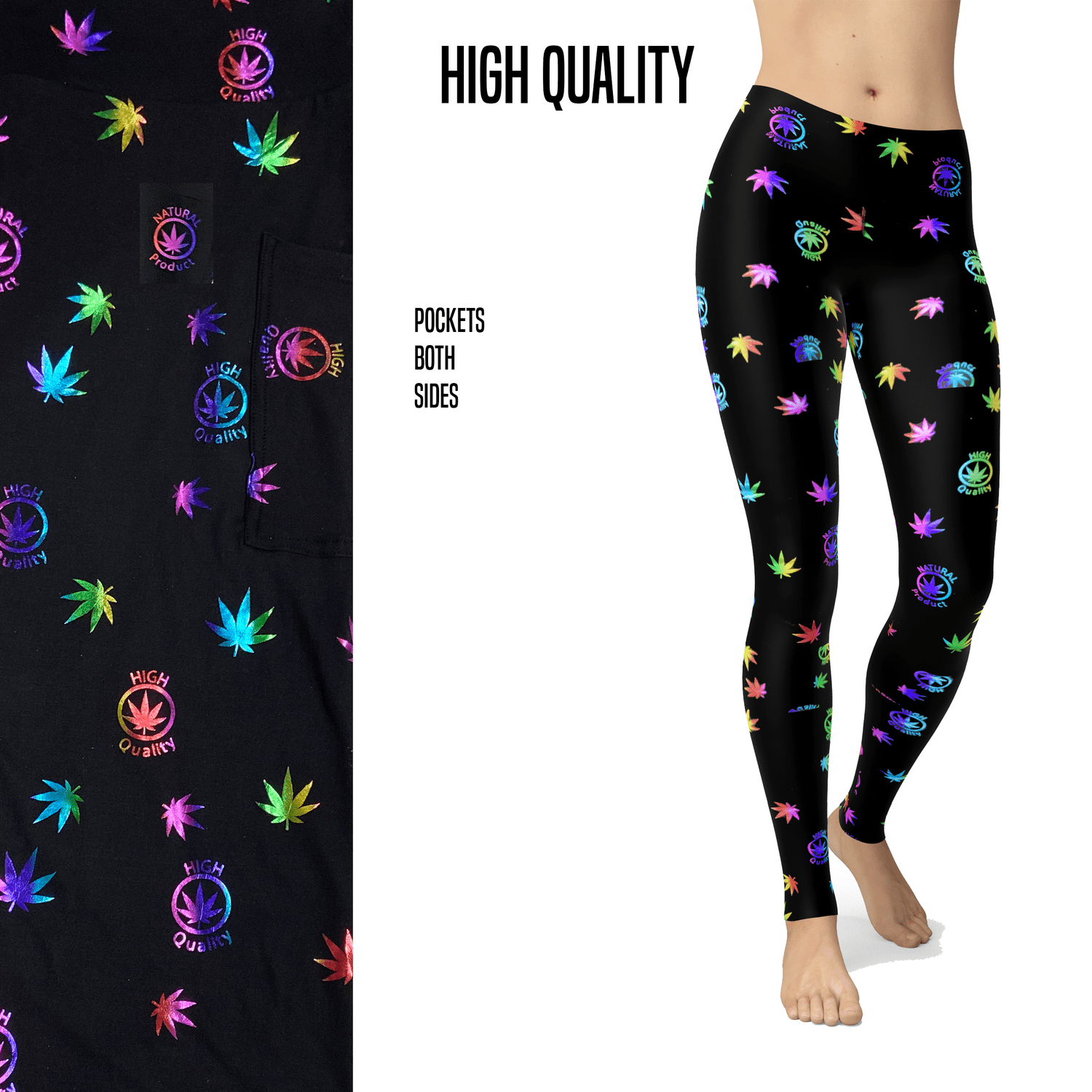 High Quality Vibes Herb Leaf Leggings with Real Glitter and Pockets