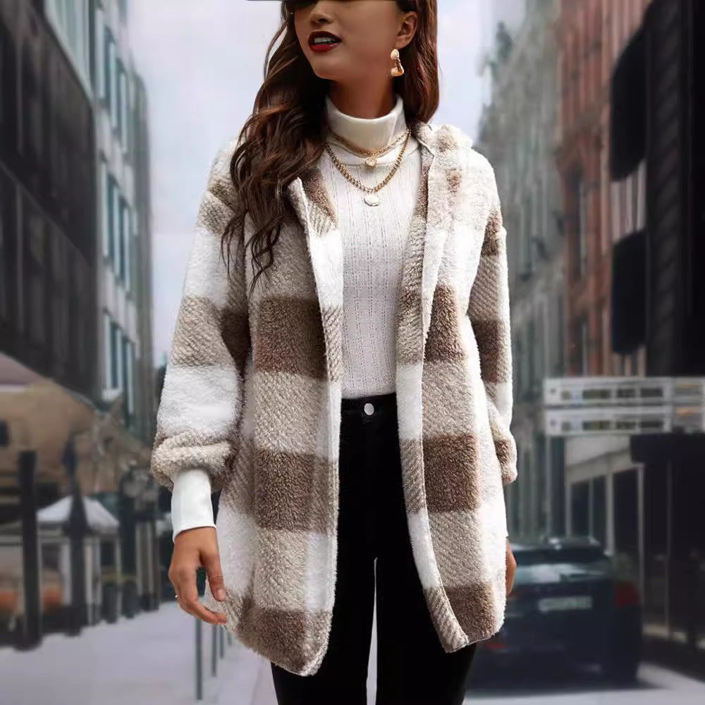 Women's Plaid Color-Stitch Knit Coat – Loose Long Sleeve Cardigan