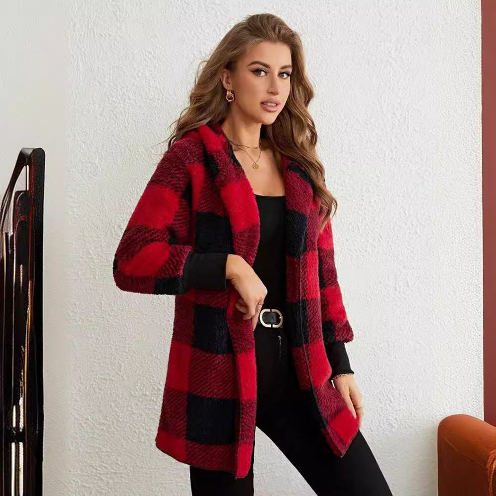 Women's Plaid Color-Stitch Knit Coat – Loose Long Sleeve Cardigan