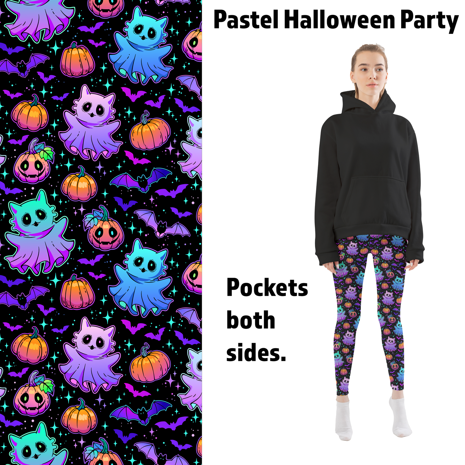 Pastel Halloween Party Cats, Ghosts, and Bats Leggings with Pockets