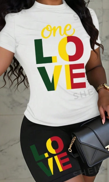 Women's LOVE Print Short Sleeve Tee & Shorts Lounge Set – Graphic 2-Piece