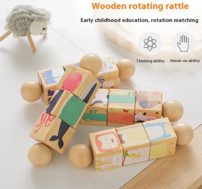 Kids Handbell Wooden Animal Puzzle – Rotating Block Toy for Toddlers