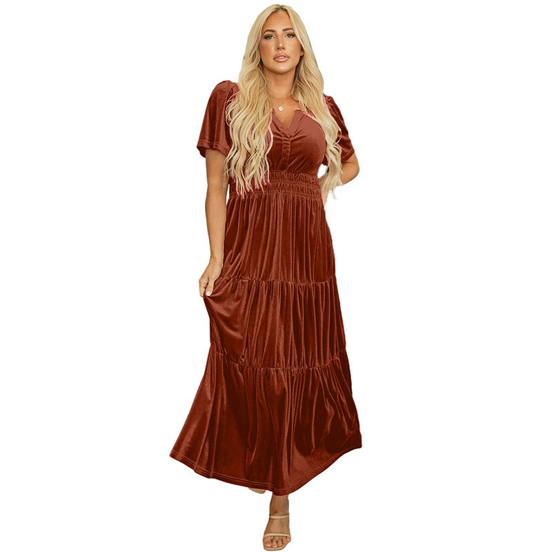 Women's Velvet Puff Sleeve Patchwork Dress – Wide Waist Long Dress with Pockets