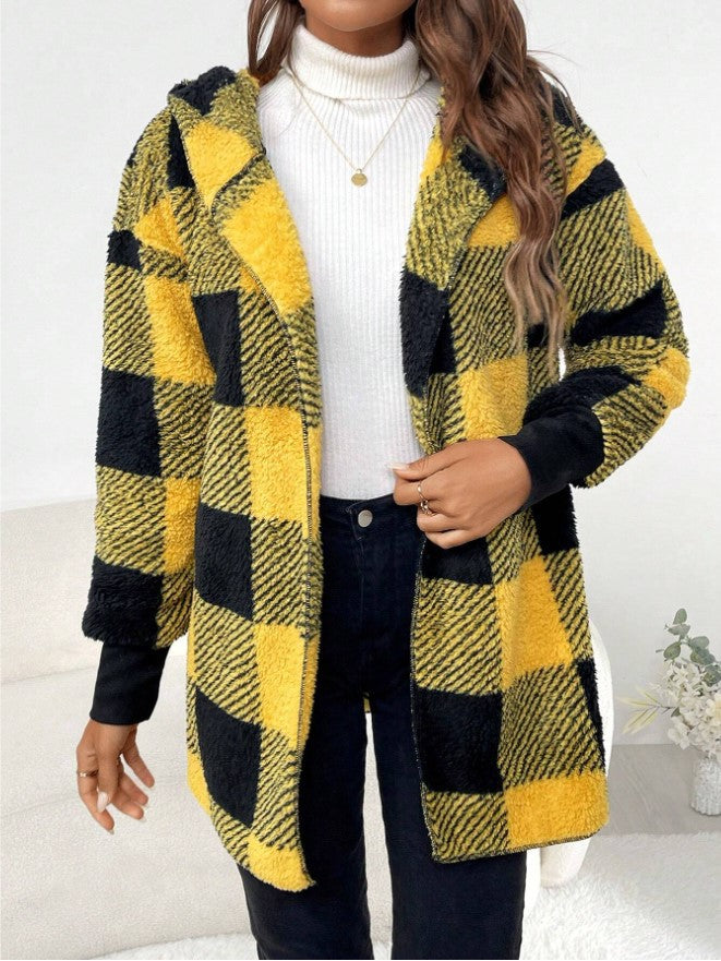 Women's Plaid Color-Stitch Knit Coat – Loose Long Sleeve Cardigan