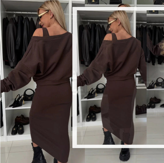 Women's 2-Piece Sweatshirt & Midi Dress Set – Long Sleeve V-Neck Top + Sleeveless Dress