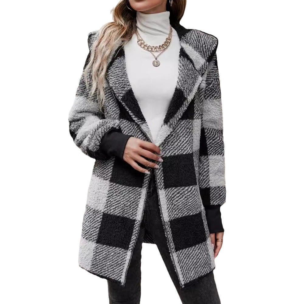 Women's Plaid Color-Stitch Knit Coat – Loose Long Sleeve Cardigan
