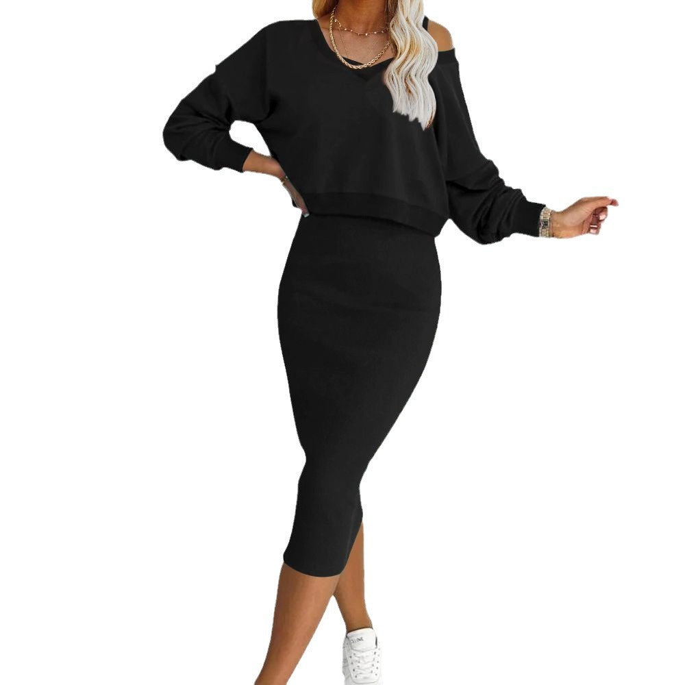 Women's 2-Piece Sweatshirt & Midi Dress Set – Long Sleeve V-Neck Top + Sleeveless Dress