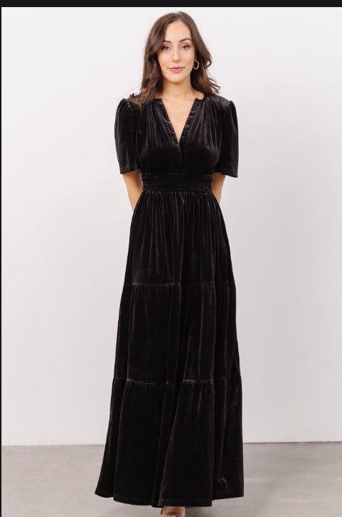 Women's Velvet Puff Sleeve Patchwork Dress – Wide Waist Long Dress with Pockets