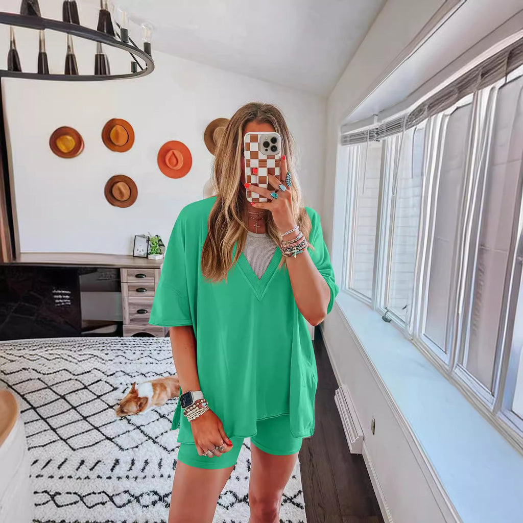 Women's Cotton Short Sleeve Top & Shorts Set – Casual Street Style 2-Piece
