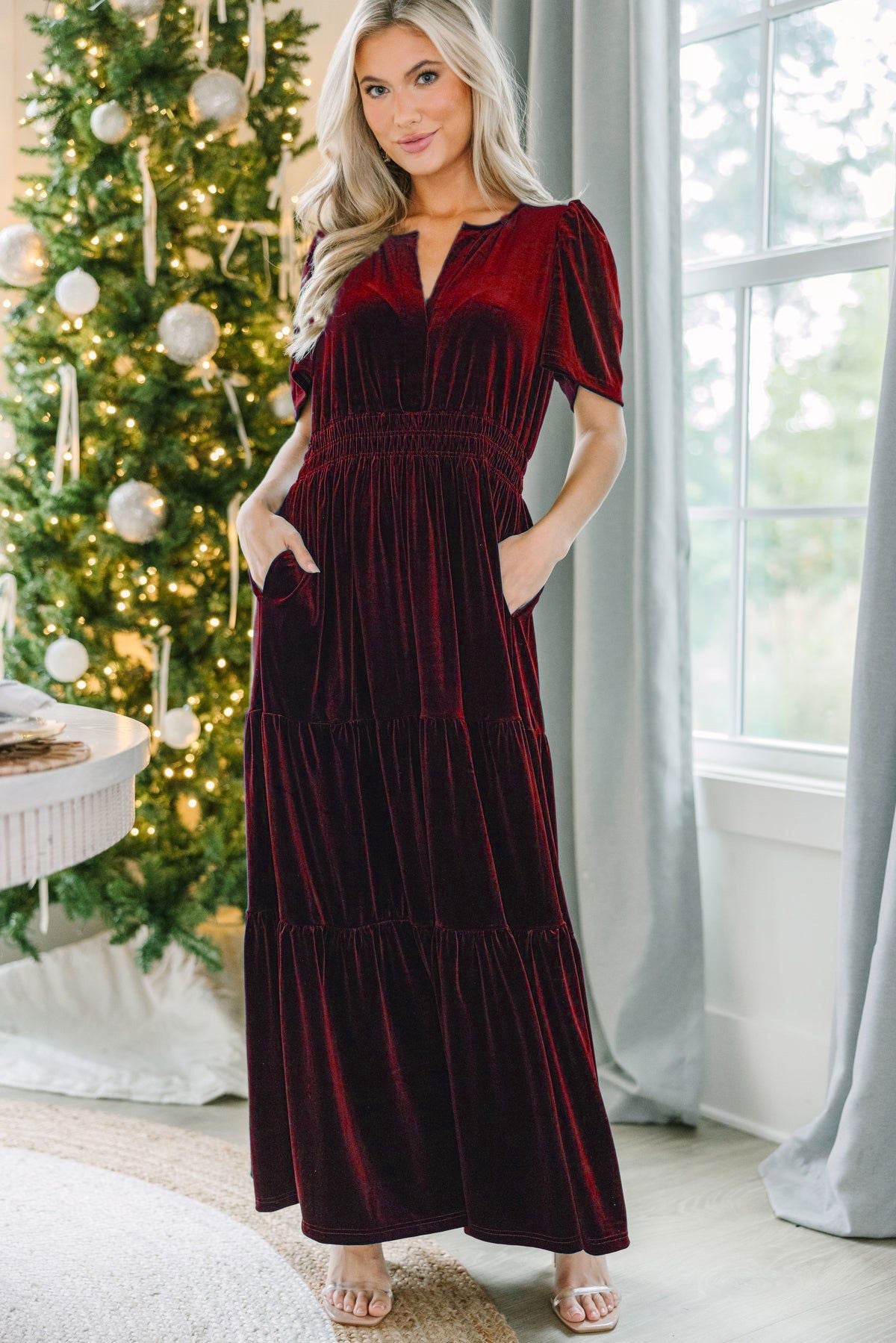 Women's Velvet Puff Sleeve Patchwork Dress – Wide Waist Long Dress with Pockets