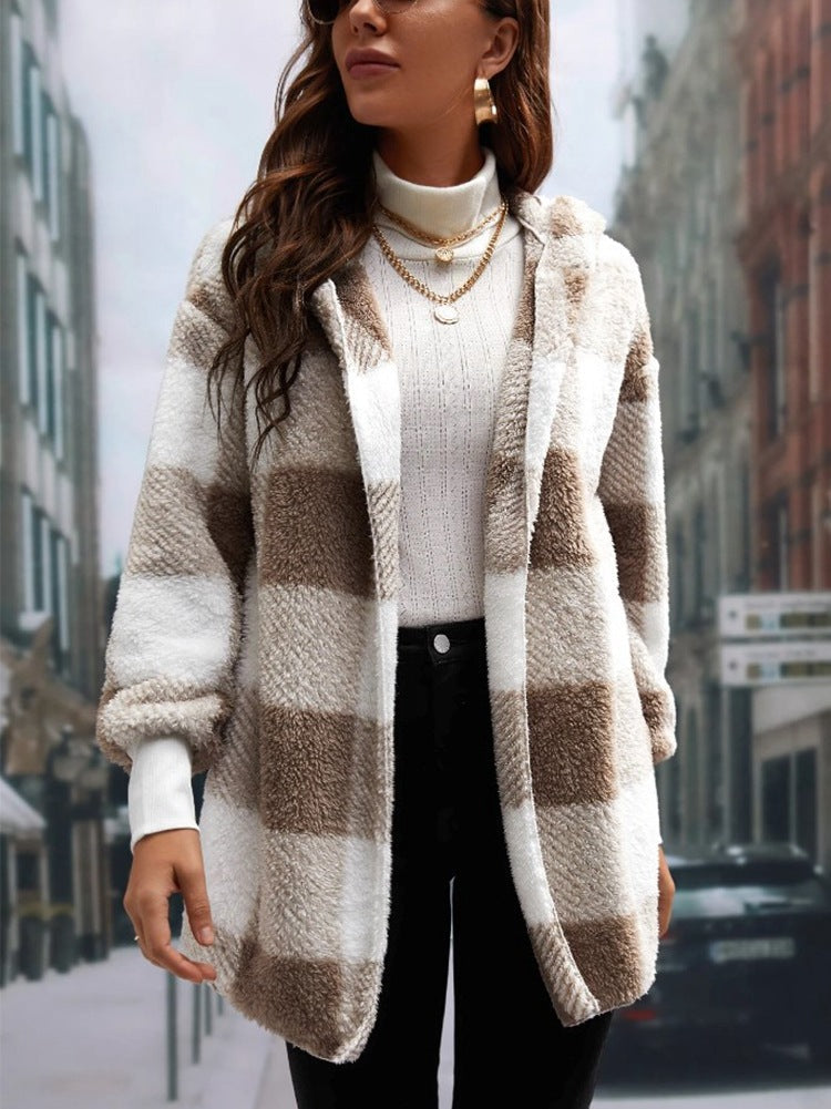 Women's Plaid Color-Stitch Knit Coat – Loose Long Sleeve Cardigan