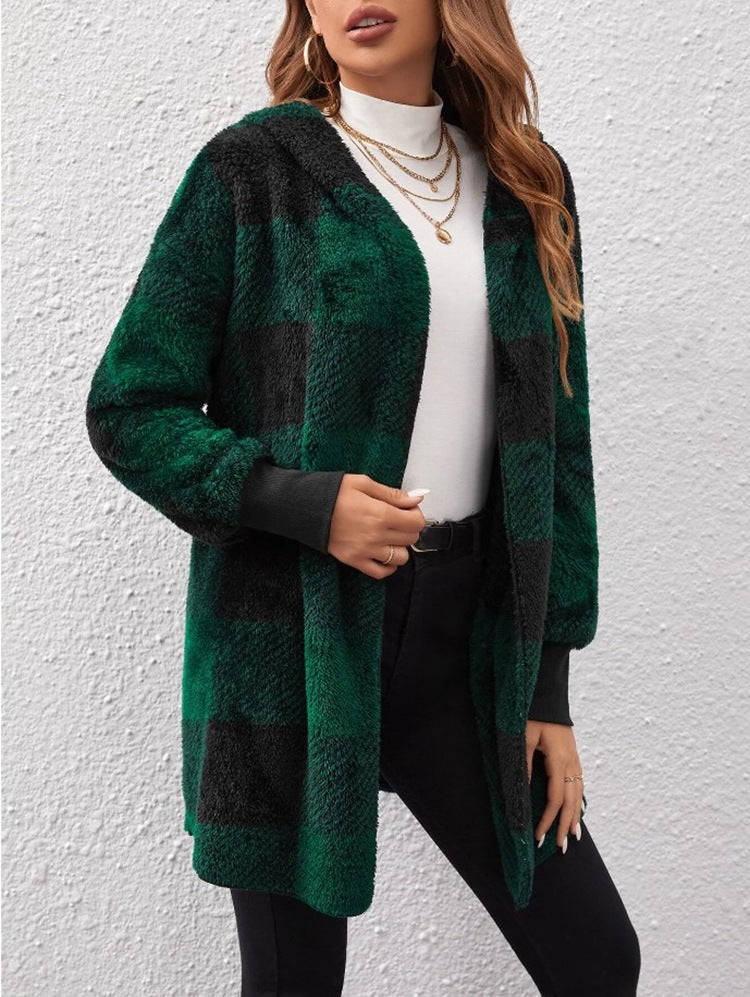 Women's Plaid Color-Stitch Knit Coat – Loose Long Sleeve Cardigan
