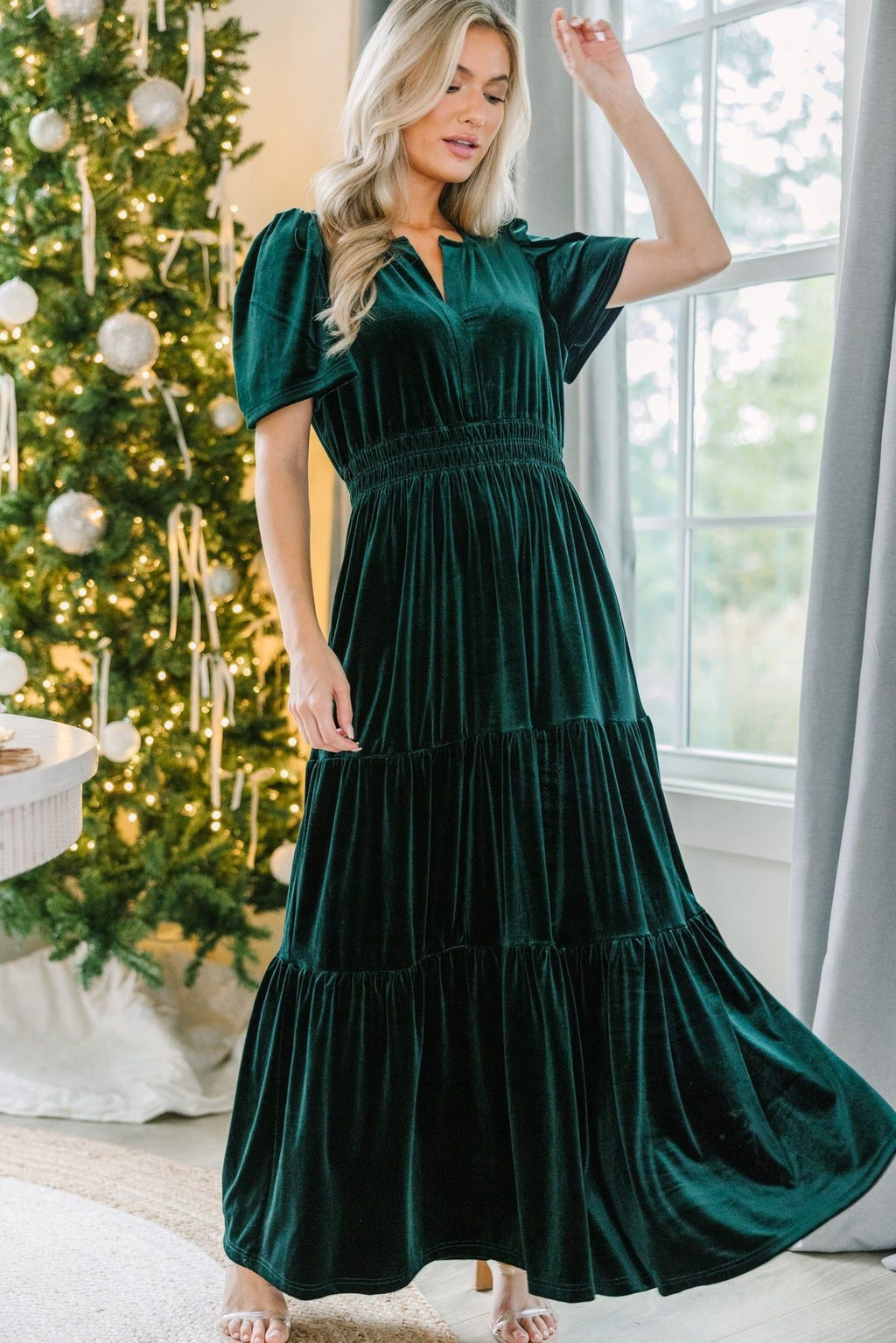 Women's Velvet Puff Sleeve Patchwork Dress – Wide Waist Long Dress with Pockets