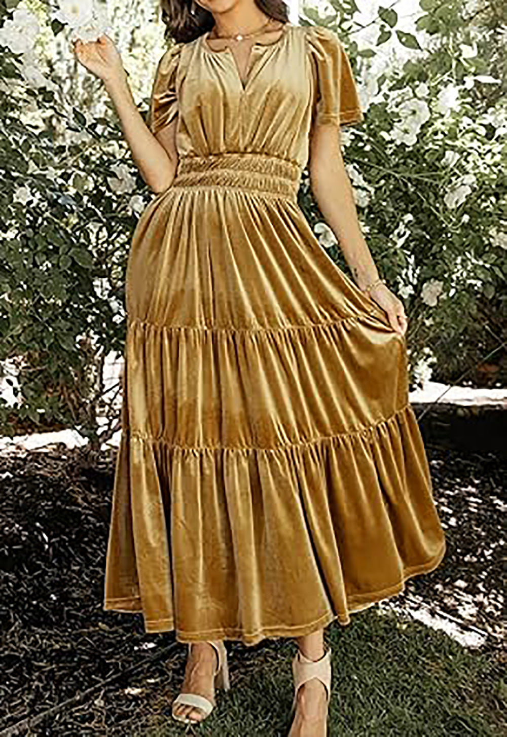Women's Velvet Puff Sleeve Patchwork Dress – Wide Waist Long Dress with Pockets