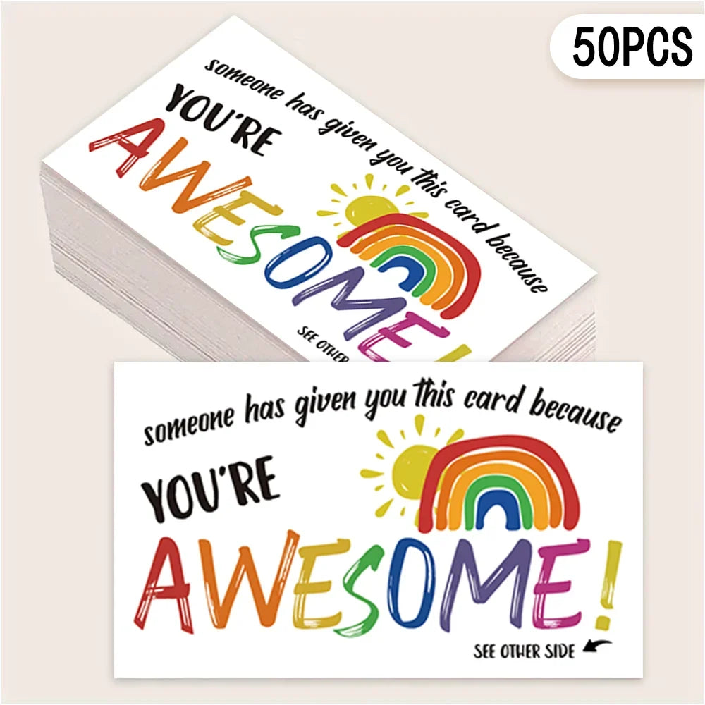 50 pcs, ‘You're Awesome’ Rainbow Encouragement Cards, Motivational Cards, Thank You Cards for Students, Teachers, and Staff