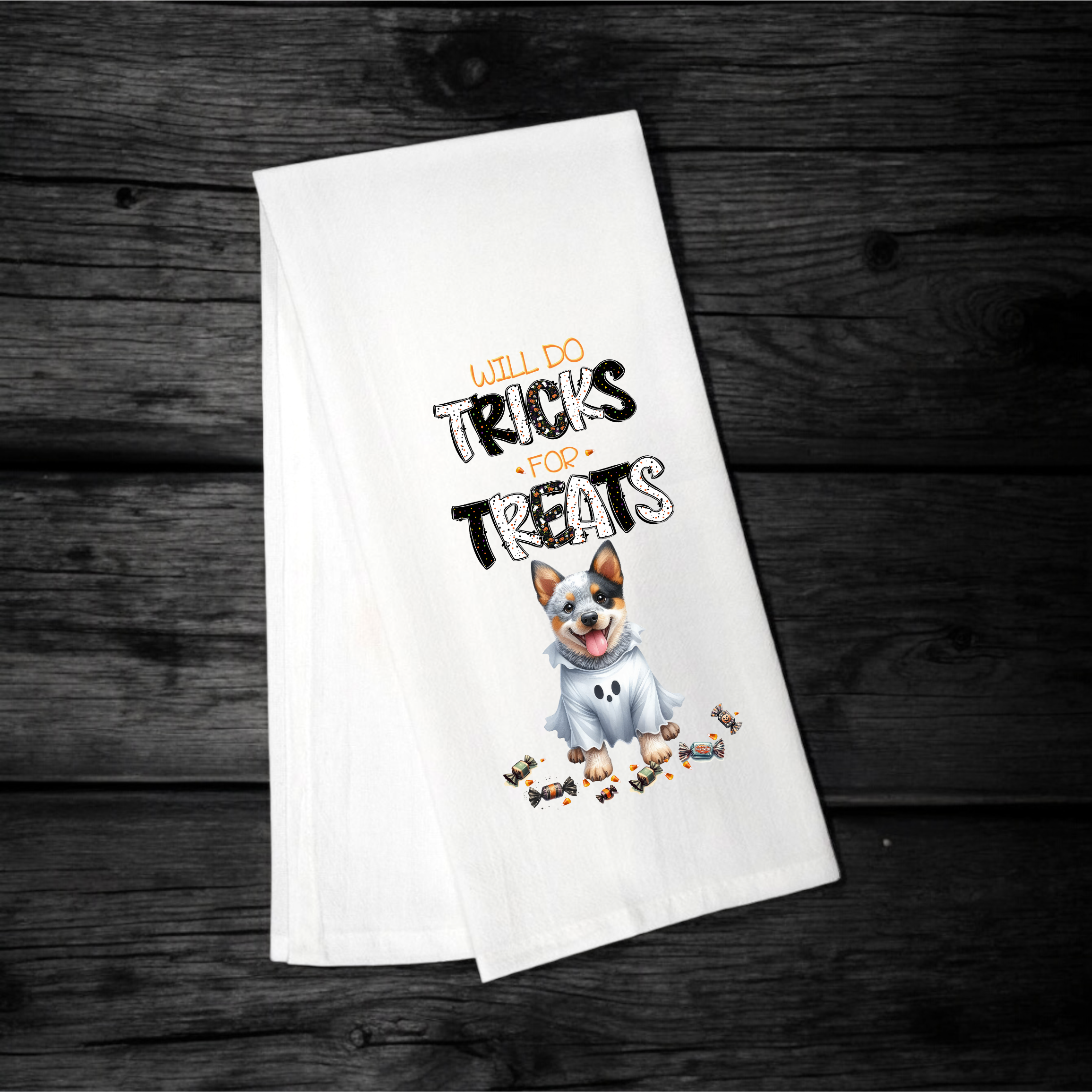"Will Do Tricks for Treats" Halloween Towel with your Fav Dog Breed