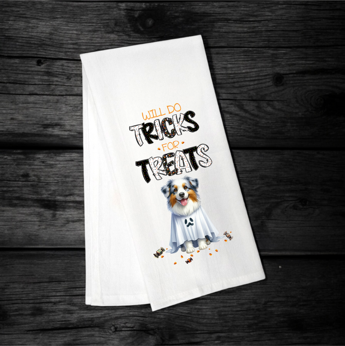 "Will Do Tricks for Treats" Halloween Towel with your Fav Dog Breed