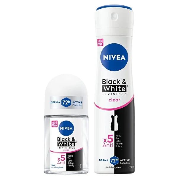 NIVEA Women's Anti-perspirant Deodorant Black&White Invisible Clear 150ml + Mini Roll-on 25ml - Long-lasting, Dermatologically Tested