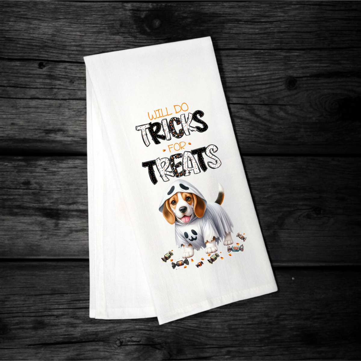 "Will Do Tricks for Treats" Halloween Towel with your Fav Dog Breed