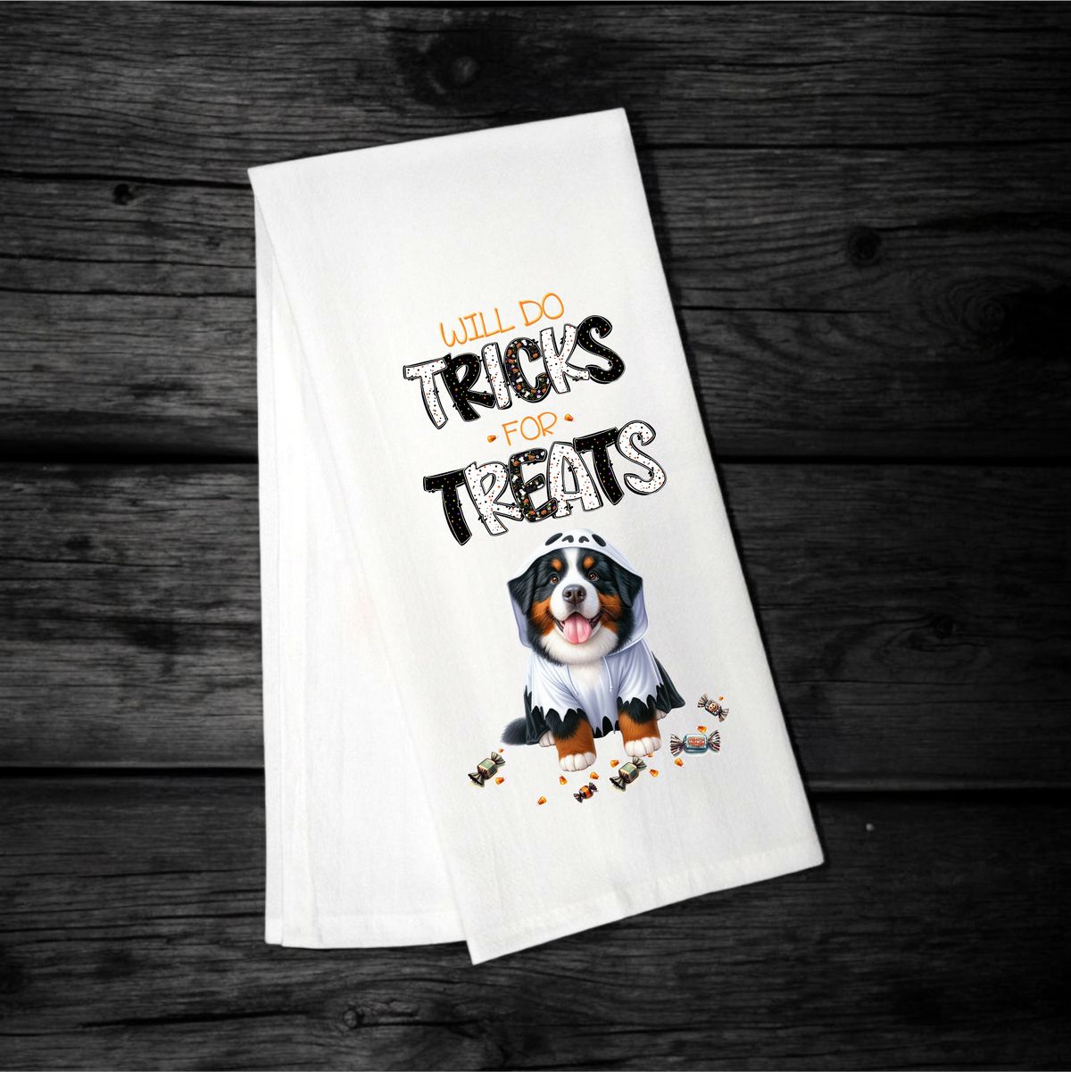 "Will Do Tricks for Treats" Halloween Towel with your Fav Dog Breed