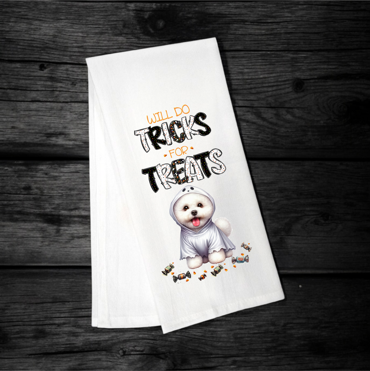 "Will Do Tricks for Treats" Halloween Towel with your Fav Dog Breed