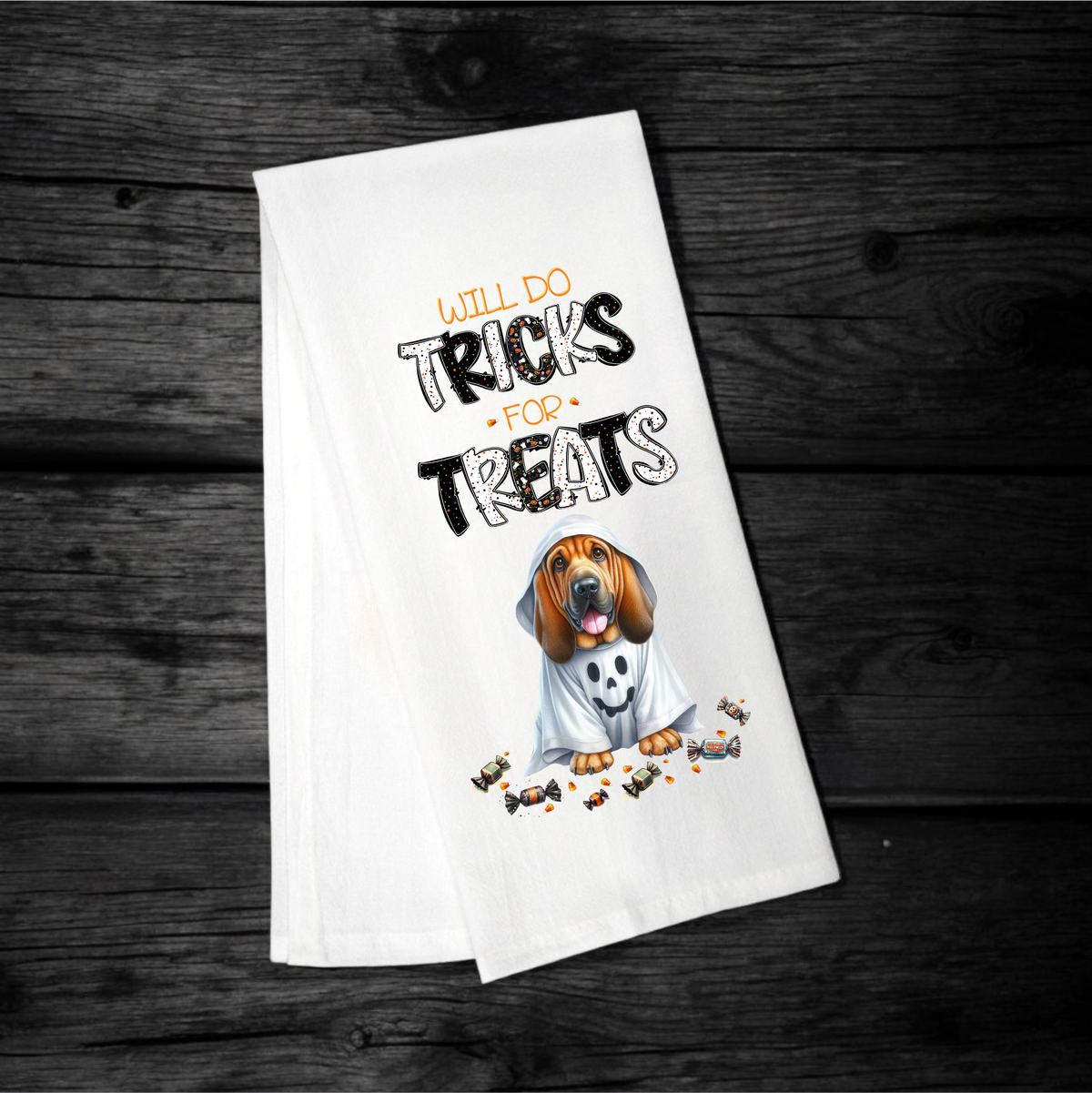 "Will Do Tricks for Treats" Halloween Towel with your Fav Dog Breed