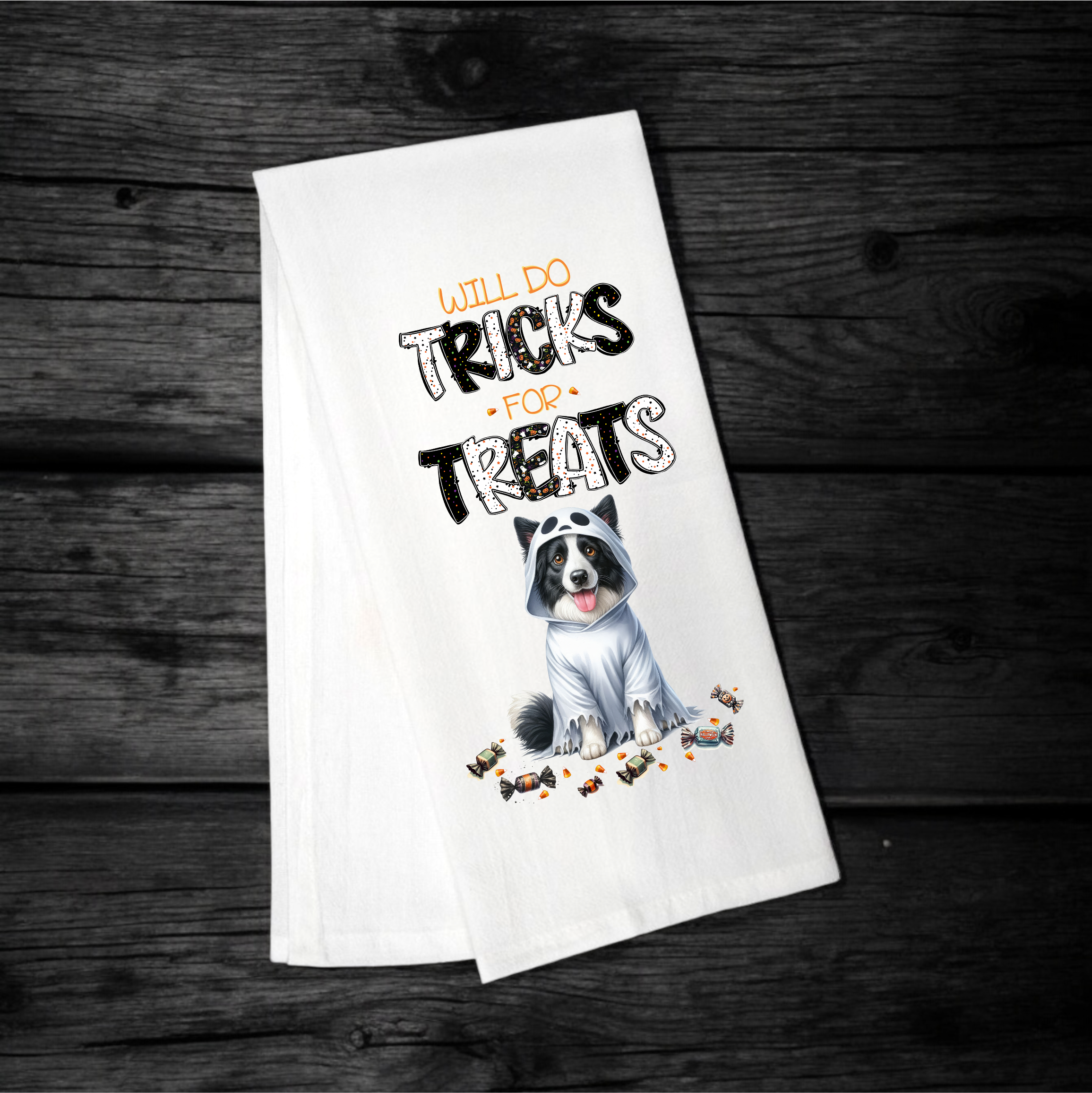 "Will Do Tricks for Treats" Halloween Towel with your Fav Dog Breed