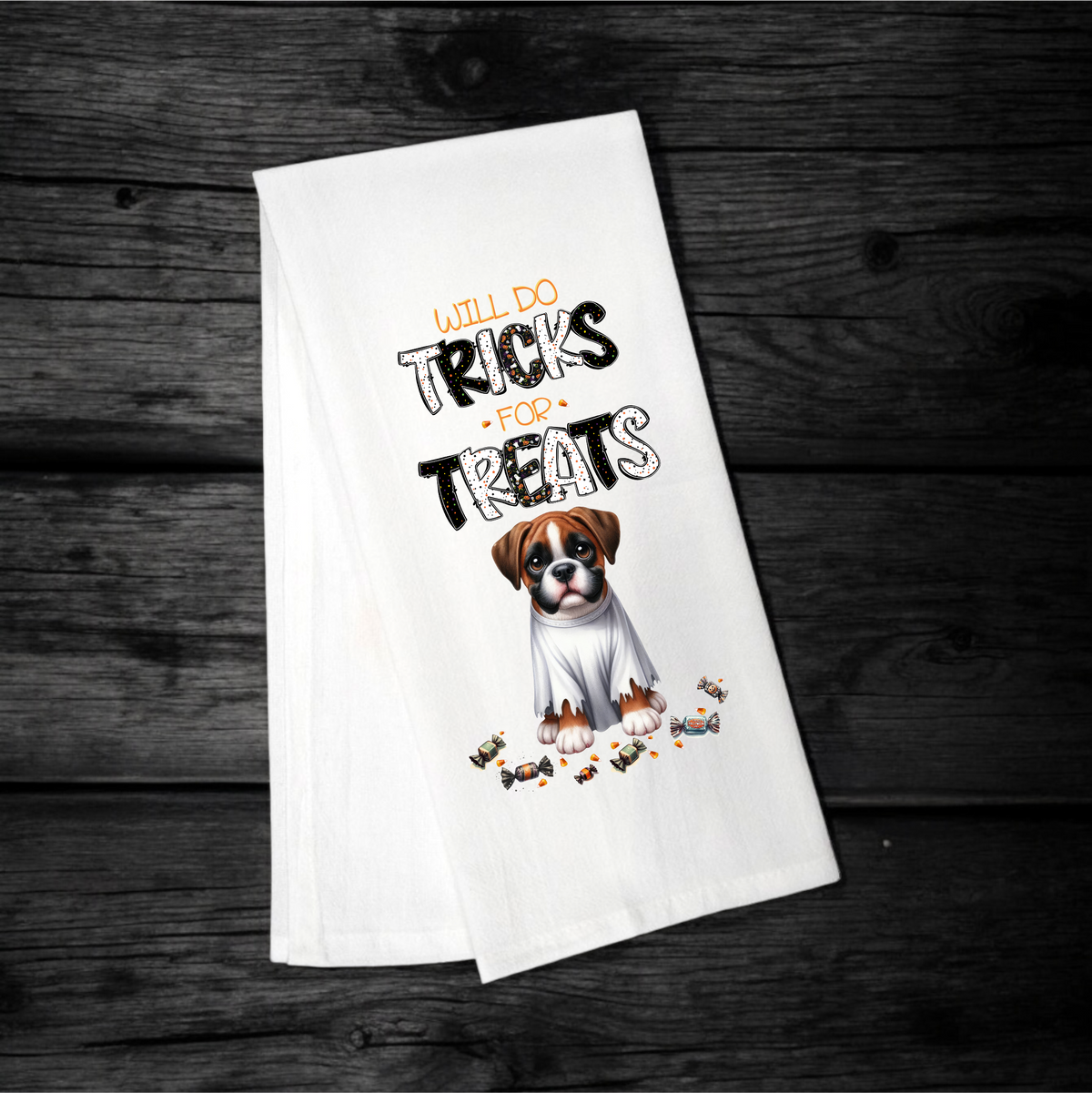 "Will Do Tricks for Treats" Halloween Towel with your Fav Dog Breed