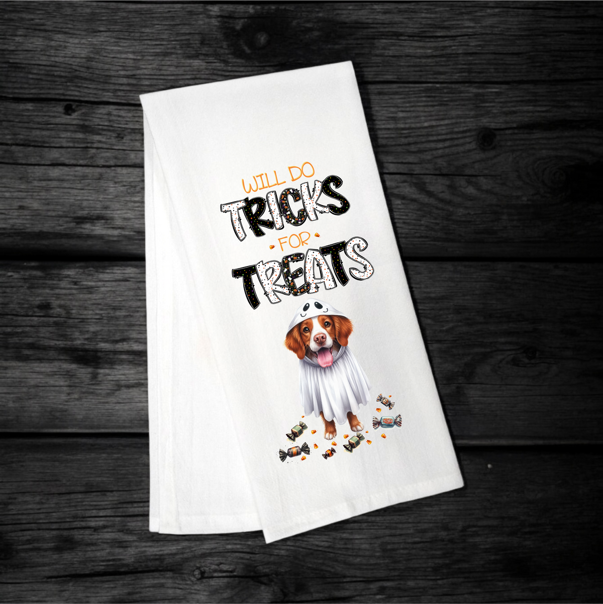 "Will Do Tricks for Treats" Halloween Towel with your Fav Dog Breed