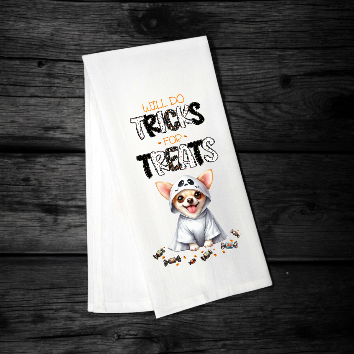 "Will Do Tricks for Treats" Halloween Towel with your Fav Dog Breed