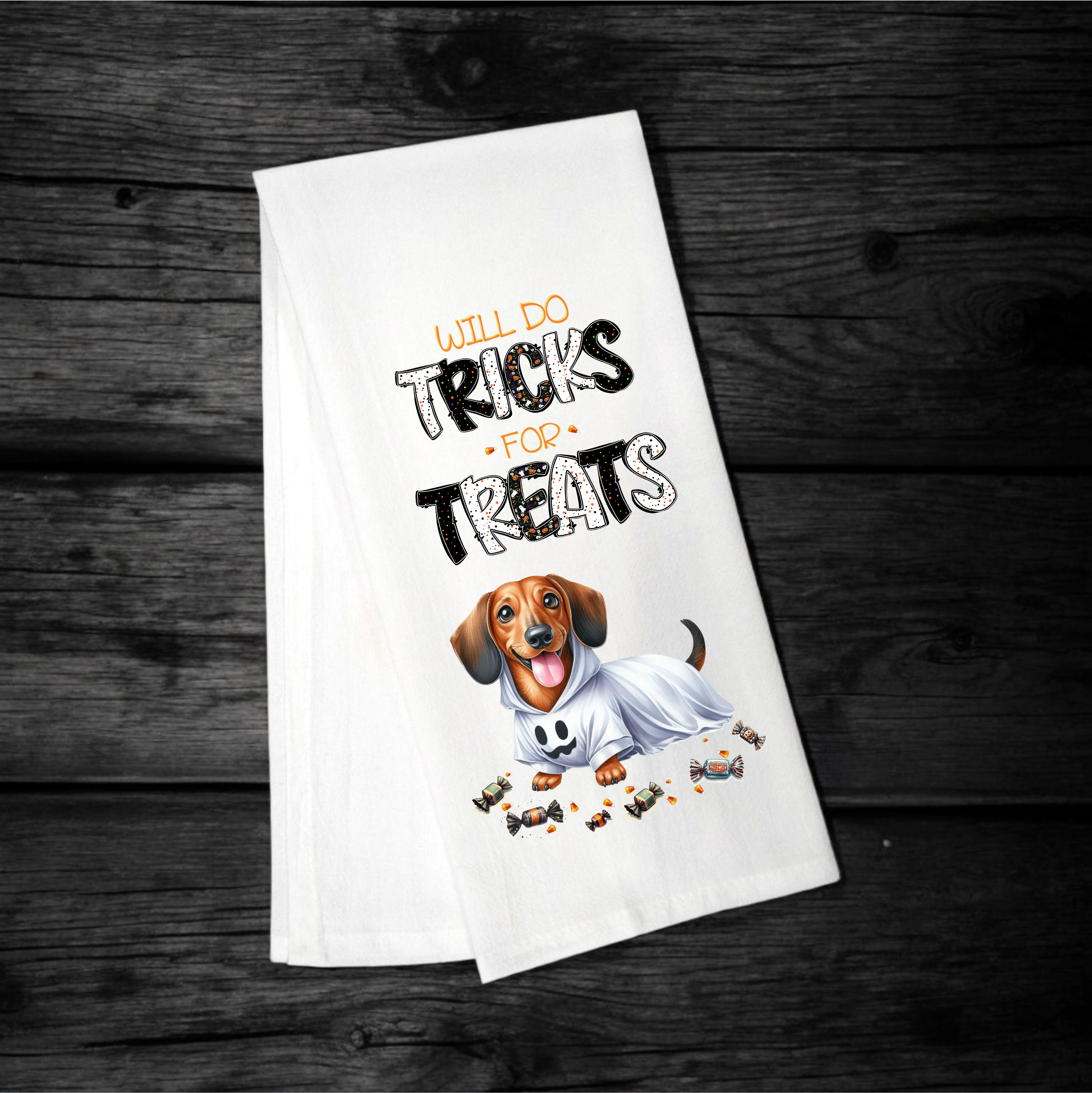 "Will Do Tricks for Treats" Halloween Towel with your Fav Dog Breed