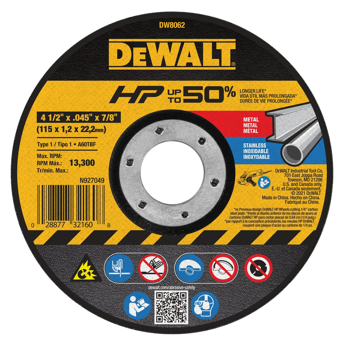 DeWalt DW8062 4-1/2 In x .045 in Aluminum Oxide Abrasive Chop / Cut-Off Blade with 7/8 in Arbor For Metal Cutting (1 Pack)