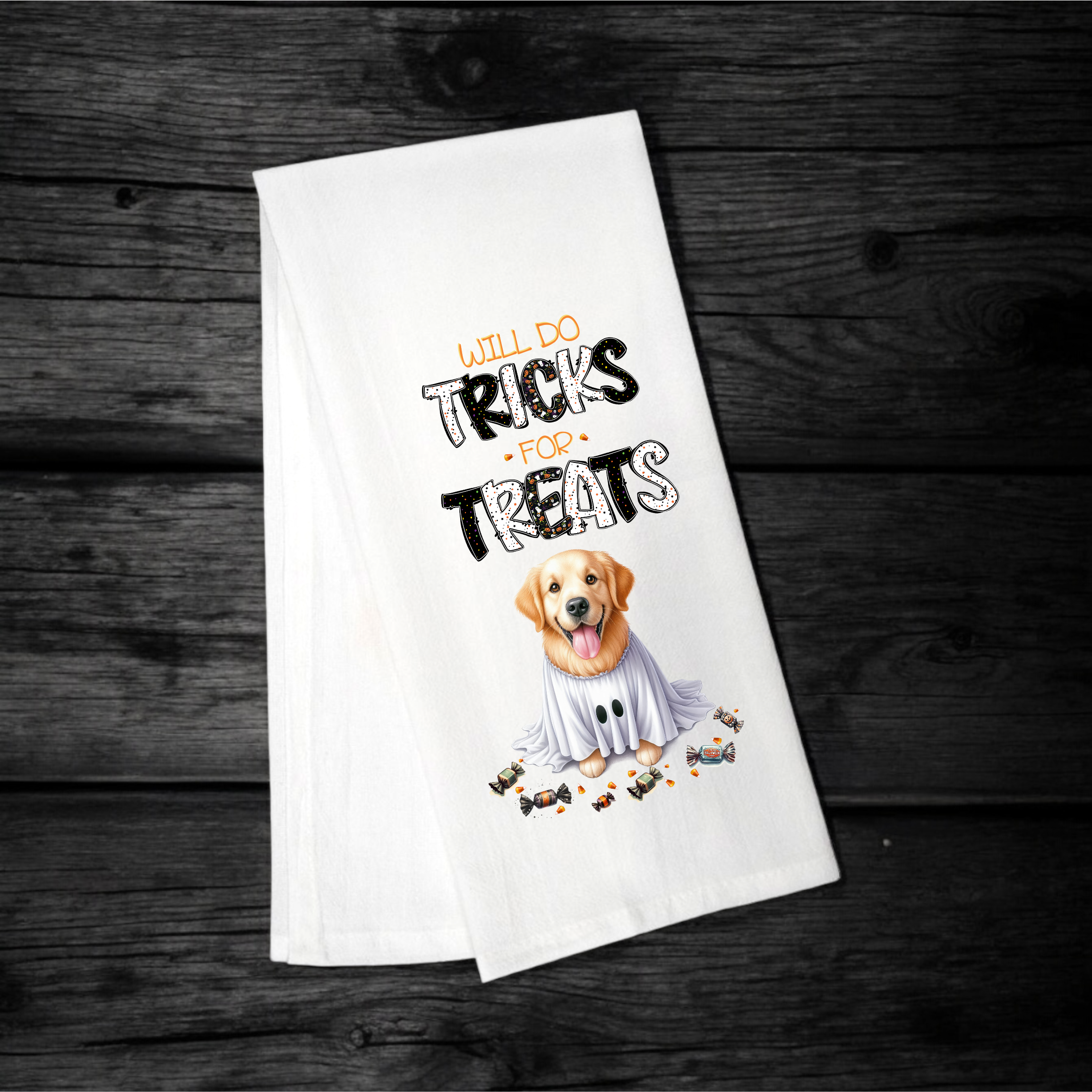 "Will Do Tricks for Treats" Halloween Towel with your Fav Dog Breed