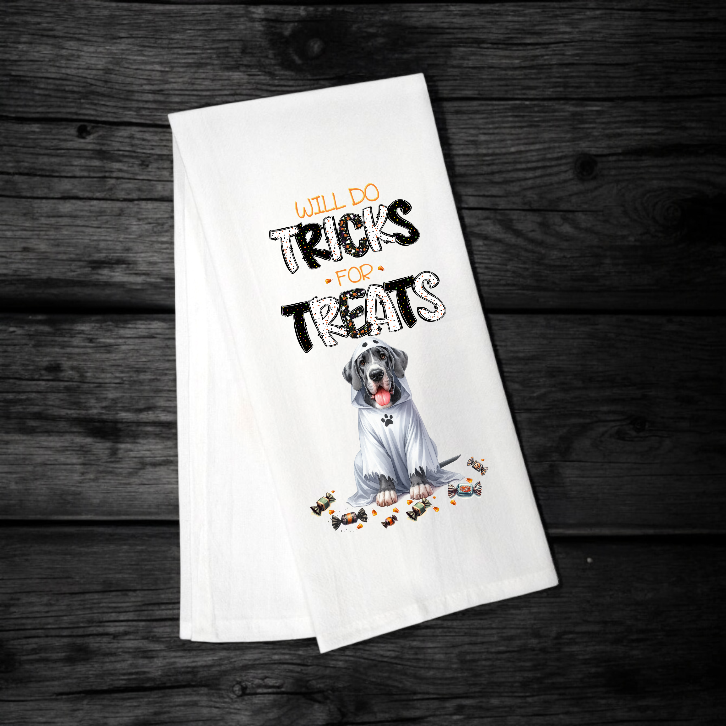 "Will Do Tricks for Treats" Halloween Towel with your Fav Dog Breed