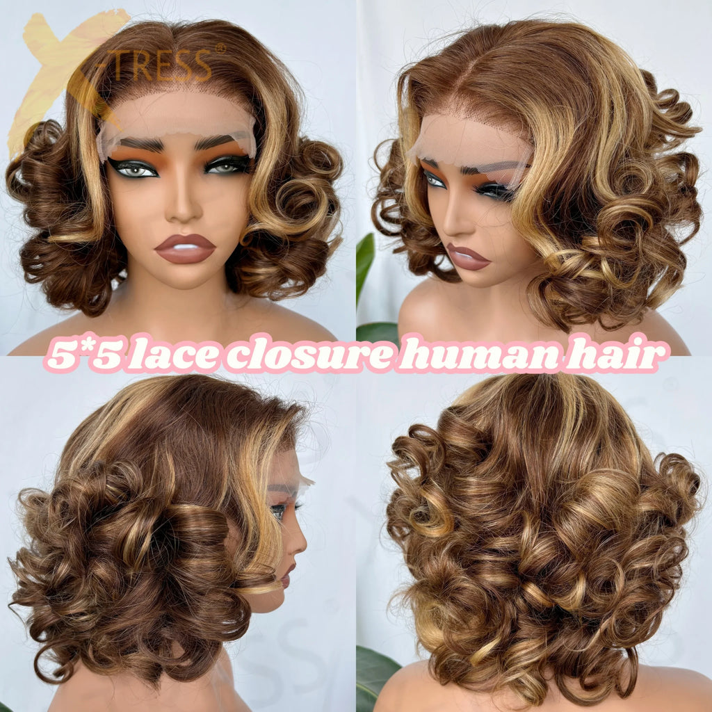 12A Honey Blonde 5*5 Lace Front 200% Remy Hair Short Highlight Rose Curly Pixie Cut Bob Highlight Human Hair Wig for Black Women
