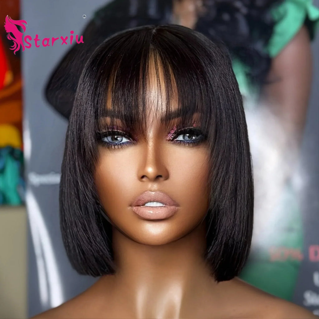 100% Human Hair Bob Wig With Bangs Short Straight Wig for Women Daily Use