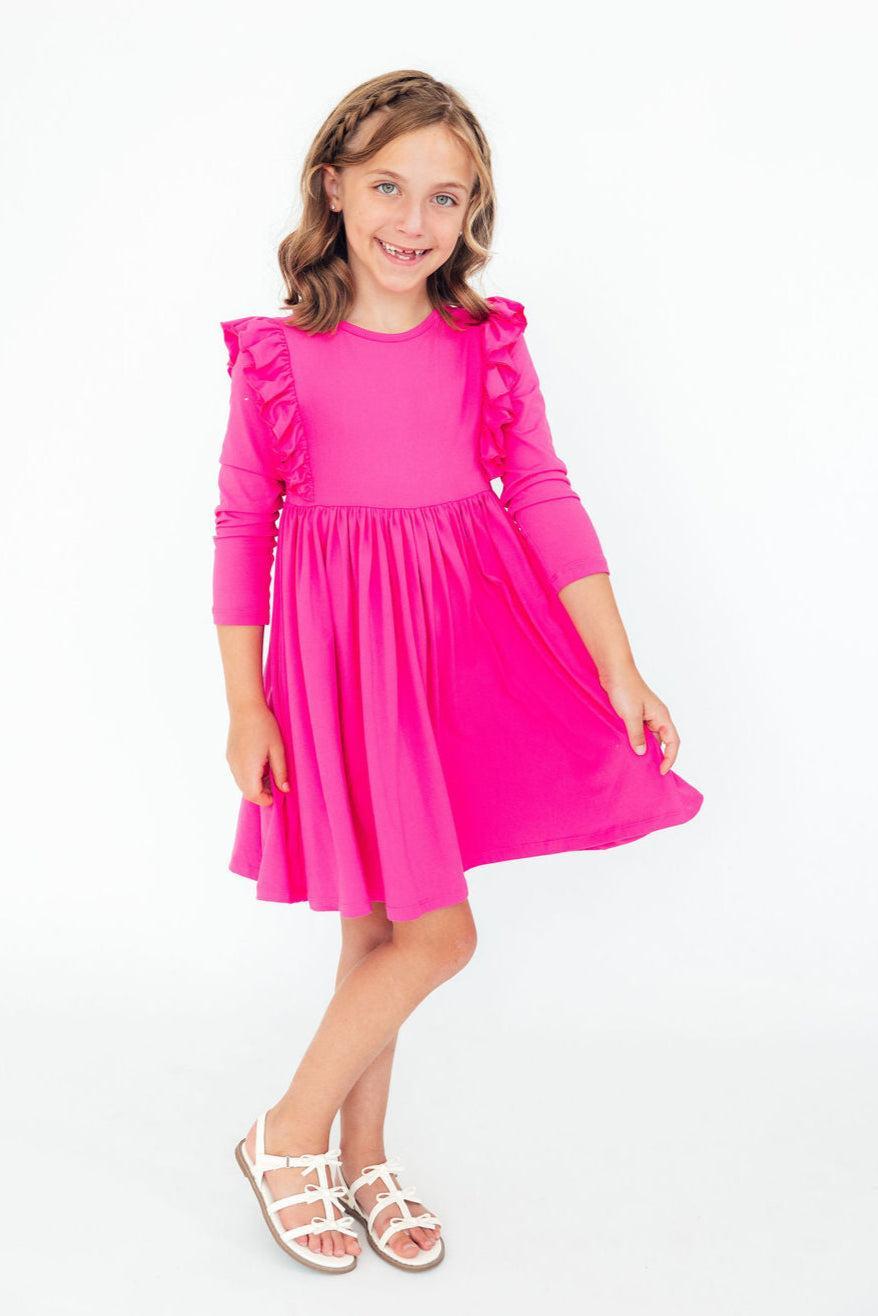 Hot Pink L/S Ruffle Twirl Dress