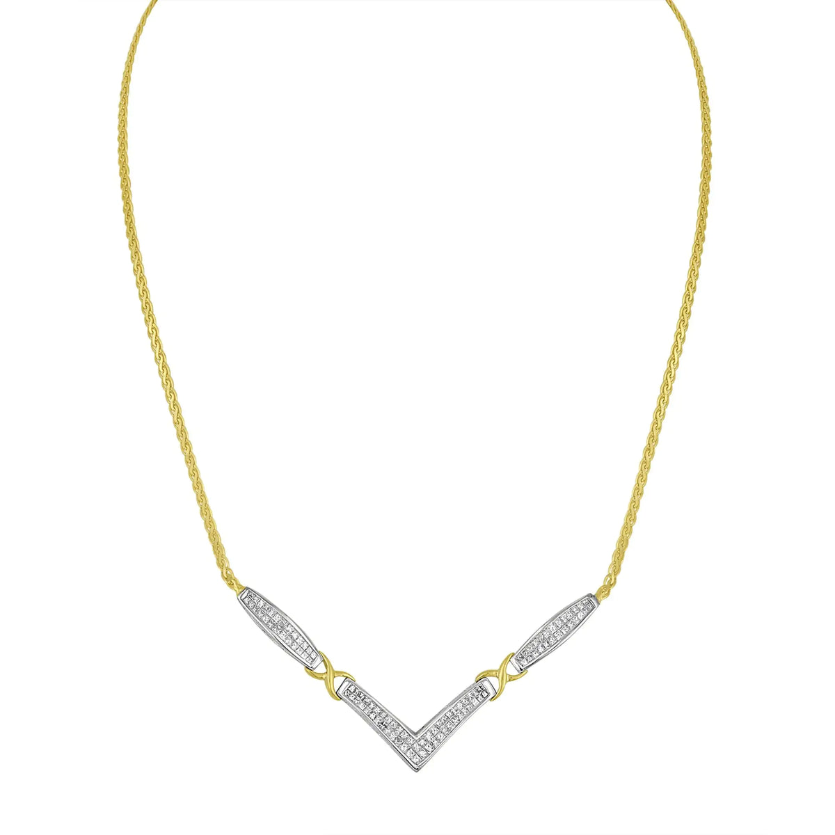 14K Yellow and White Gold 2.0 Cttw Princess Cut Diamond Flared and X-Station V Shaped 18” Franco Chain Statement Necklace (H-I Color, SI2-I1 Clarity)
