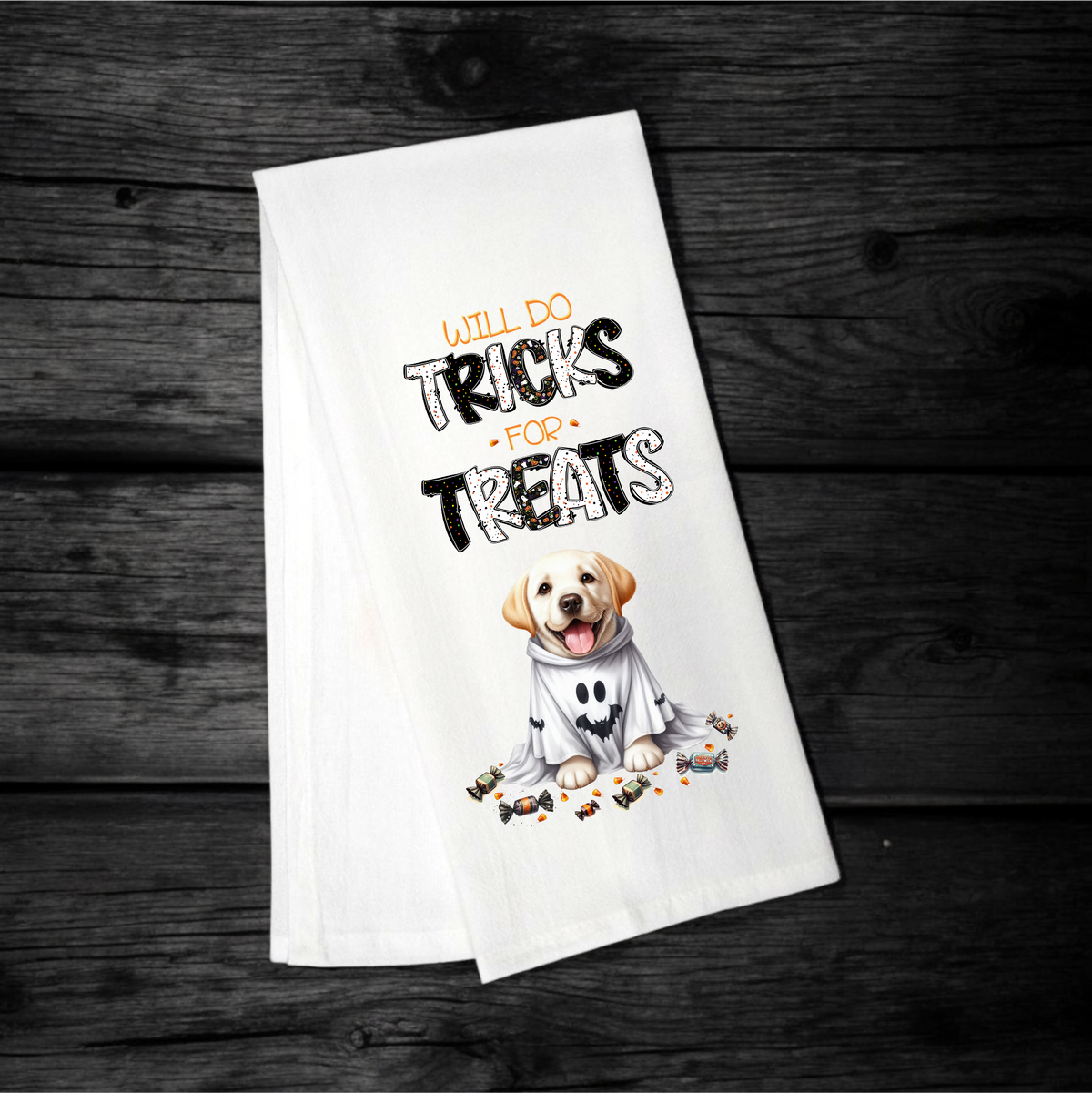 "Will Do Tricks for Treats" Halloween Towel with your Fav Dog Breed