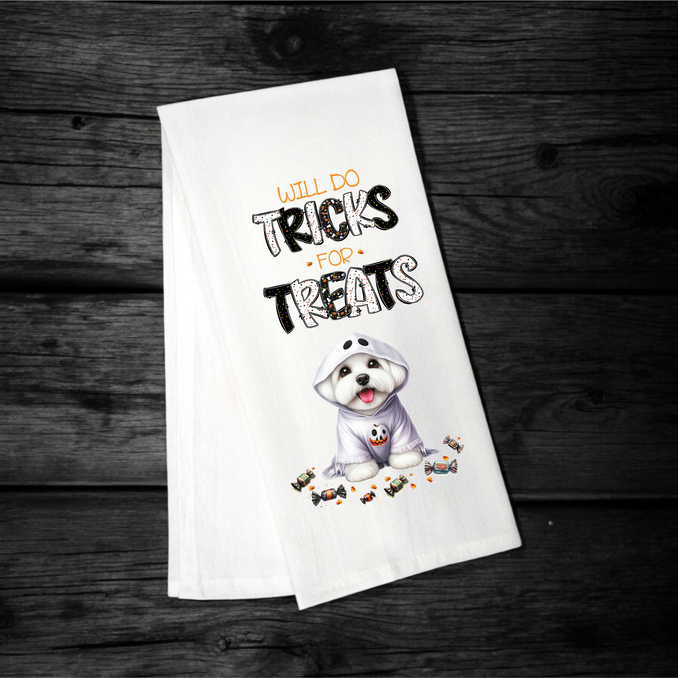 "Will Do Tricks for Treats" Halloween Towel with your Fav Dog Breed
