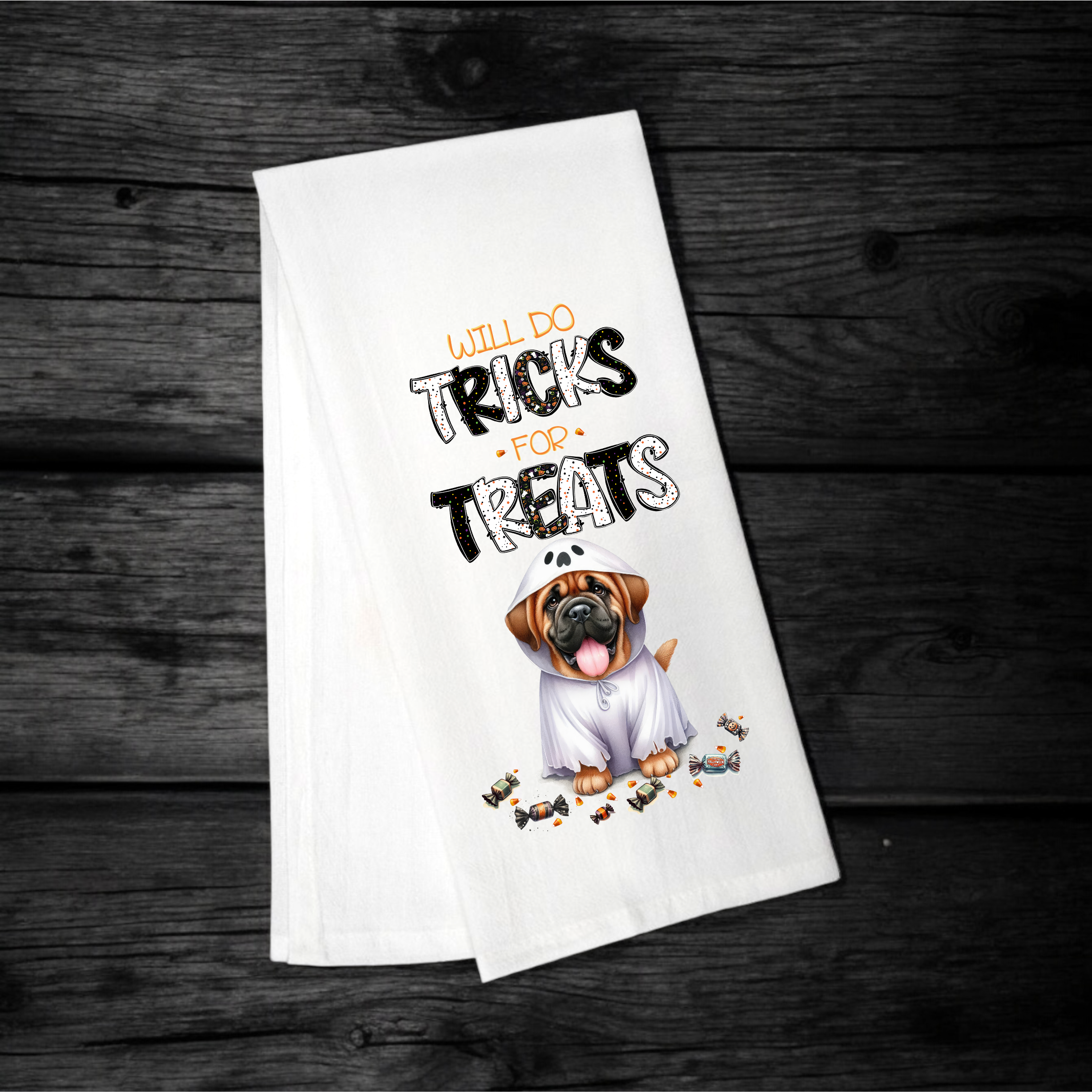 "Will Do Tricks for Treats" Halloween Towel with your Fav Dog Breed