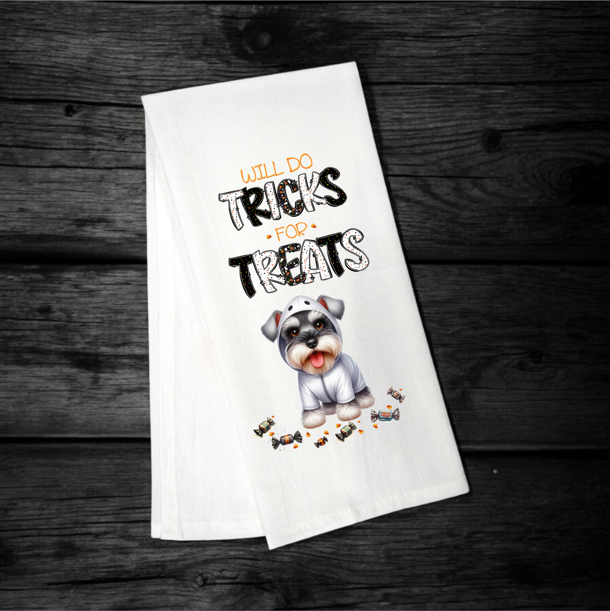 "Will Do Tricks for Treats" Halloween Towel with your Fav Dog Breed
