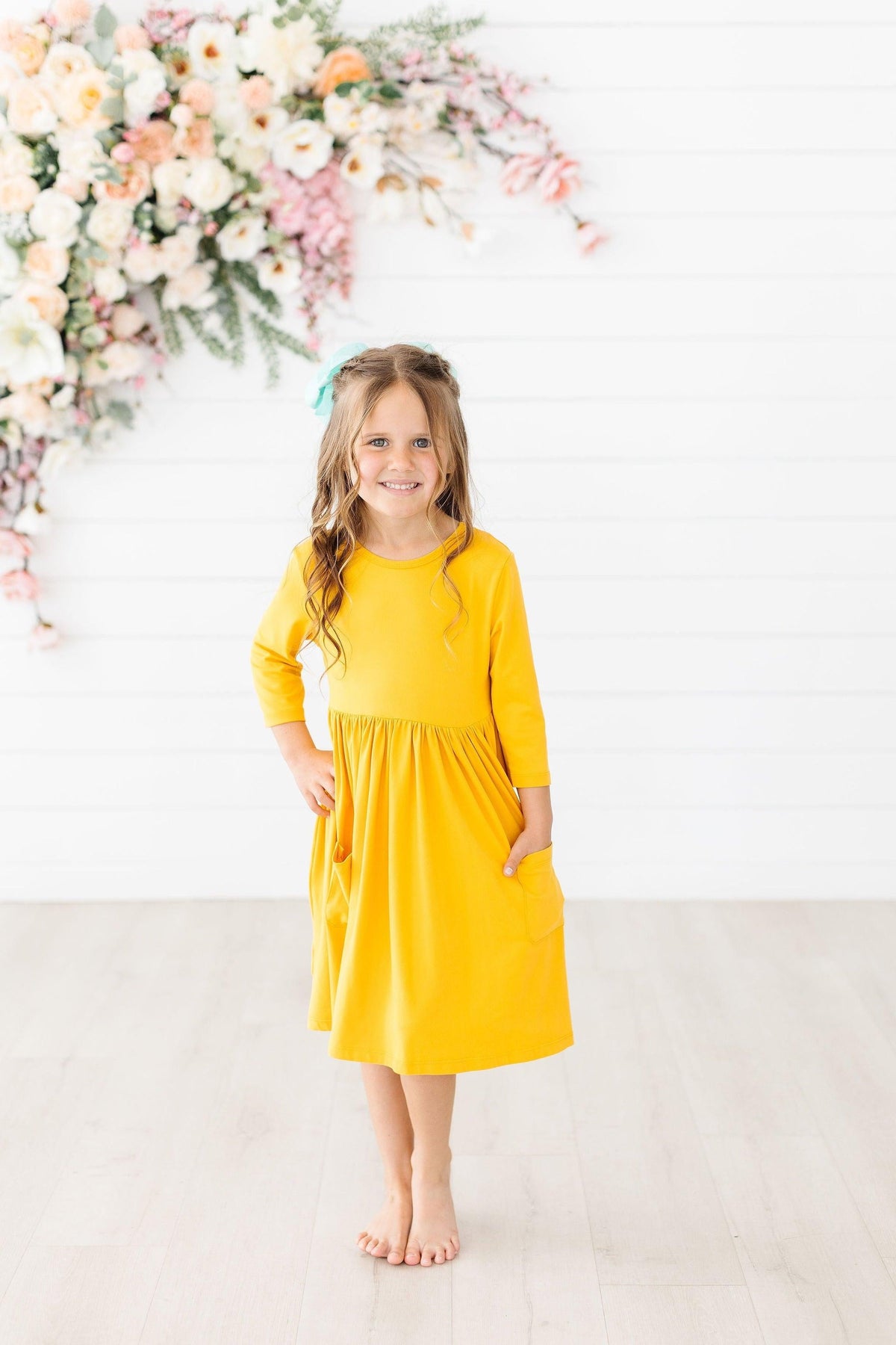 Mustard 3/4 Sleeve Pocket Twirl Dress